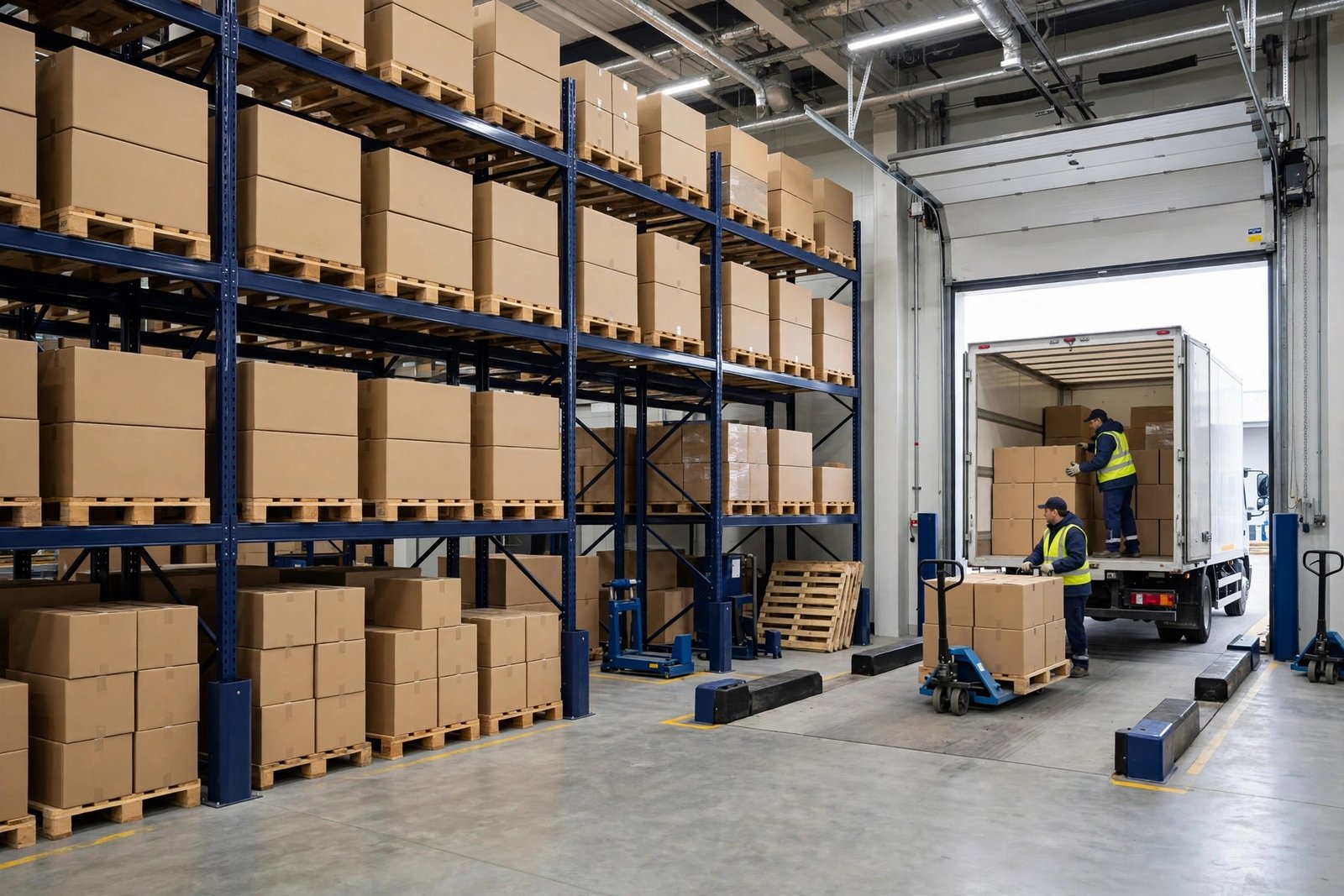 Organized warehouse with shelving, boxes, and a truck being loaded