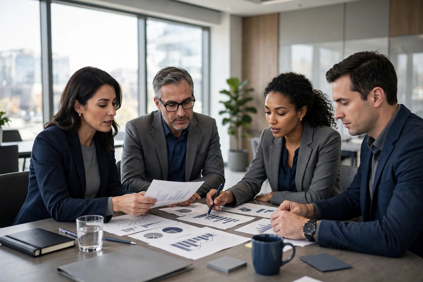 Consultants reviewing strategy with a client in a boardroom